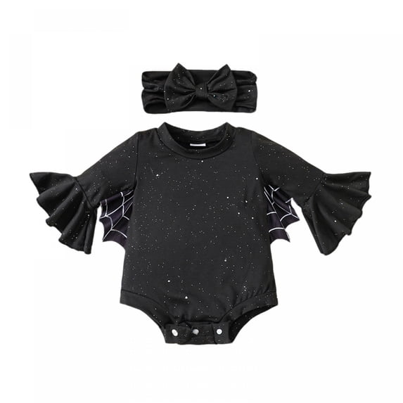 RUINIXCW Baby Girls Halloween Bat Fashion Long Bell Sleeve Spider Web Print Romper with Headband 2Pcs Outfit