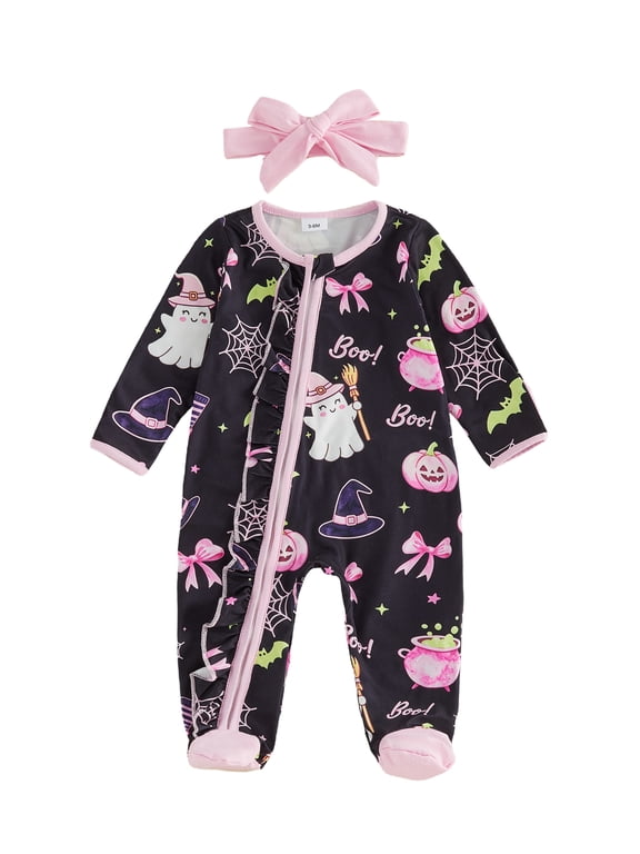 RUINIXCW Baby Girls Halloween Footies Fashion Ghost Pumpkin Print Long Sleeve Zip Front Romper with Headband