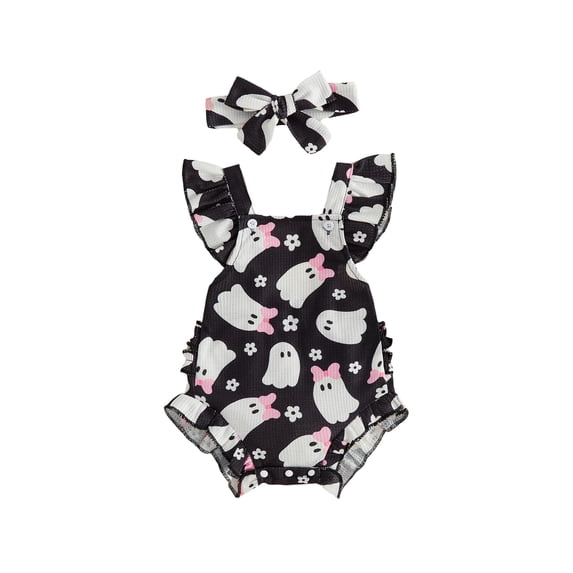 RUINIXCW Baby Girls Halloween Outfits Ghost Print Flying Sleeve Romper and Headband