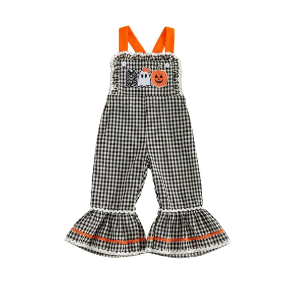 RUINIXCW Baby Girls Halloween Plaid Overalls Embroidery Sleeveless Flared Jumpsuit Suspender Pants for Toddler