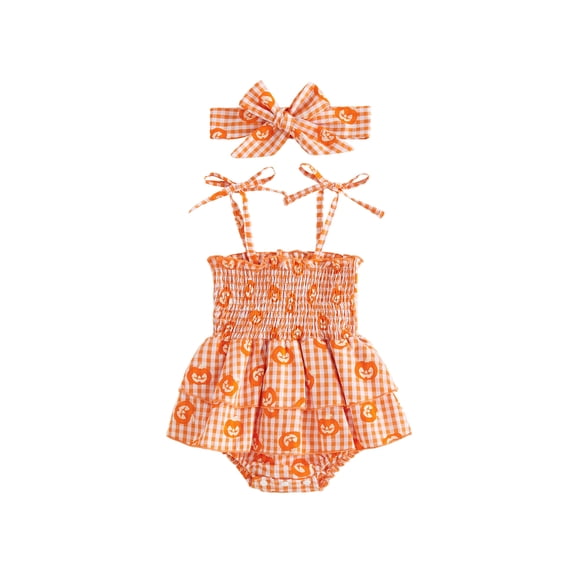 RUINIXCW Baby Girls Halloween Plaid Romper Sleeveless Pumpkin Print Tiered Tie Shoulder Playsuit with Headband