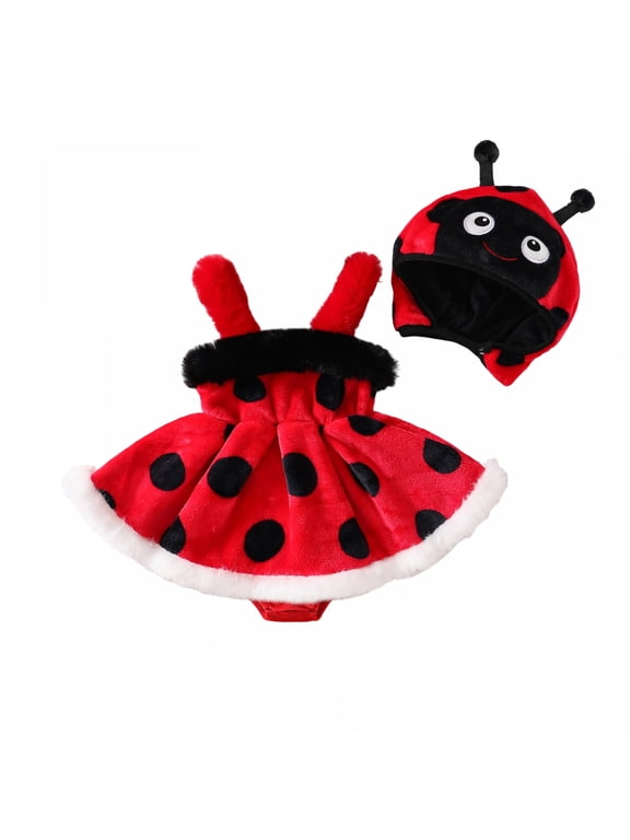 Baby Girls Ladybug Costume Infant Baby Halloween Costume Red Flannel Romper Dress Fall Winter Clothes Dot Print Strap Sleeveless Dress Playsuit with Hat 2Pcs Set