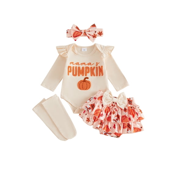 RUINIXCW Baby Girls Thanksgiving Outfit Fashion Long Sleeve Pumpkin Embroidery Romper with Skort, Headband, Stockings 4Pcs Set