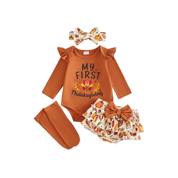 RUINIXCW Baby Girls Thanksgiving Outfits Flying Sleeve Letter Print Romper Turkey Print Tiered PP Shorts Headband Leg Warmers Sets