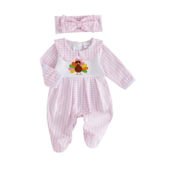 RUINIXCW Baby Girls Thanksgiving Outfits Long Sleeve Plaid Footed Romper Headband