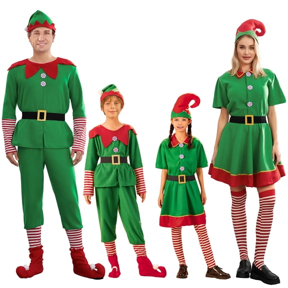 RUINIXCW Christmas Elf Costume for Adult Women Men Kids Family Matching Christmas Santa Helper Costume Short Sleeve Santa Dress Hat Belt Socks 4Pcs Set