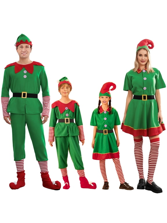 Christmas Elf Costume for Adult Women Men Kids Family Matching Christmas Santa Helper Costume Short Sleeve Santa Dress Hat Belt Socks 4Pcs Set