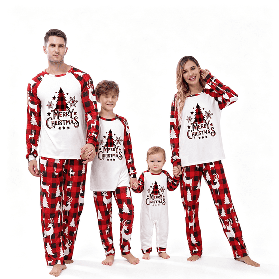 RUINIXCW Christmas Family Matching Pajamas Set Christmas Jammies Family Holiday Outfits Xmas PJS Set Sleepwear for Whole Family Tree Letter Print Long Sleeve Tops and Plaid Pants Set
