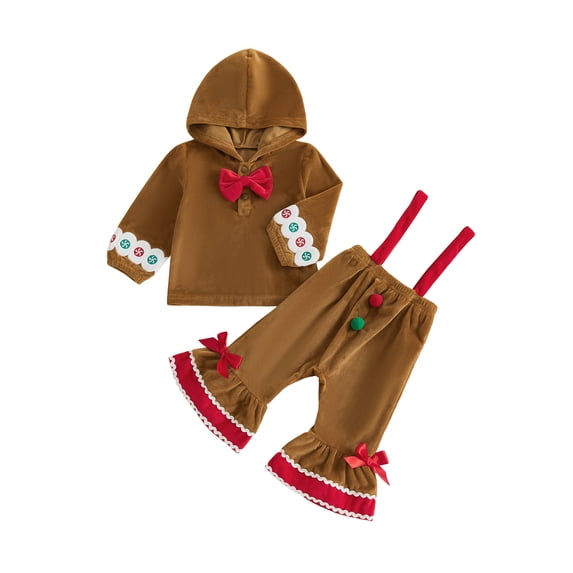 RUINIXCW Christmas Kids Girls 2-piece Outfit Gingerbread Man Long Sleeve Hoodie with Suspender Pants