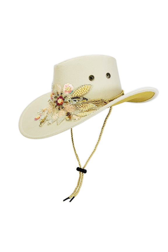 Cute Cream White Cowgirl Hat Cowboy Hats For Women Suede Sequin Floral Embroidery Adjustable String Rodeo Party Cowgirl Hats Western Wide Brim Hat