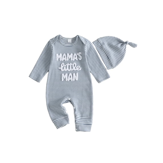 RUINIXCW Dad's Little Dude Baby Boy Fall Winter Outfit Romper Newborn Baby Boy Hospital Coming Home Outfit Waffled Striped Letter Long Sleeve Jumpsuit Hat Set