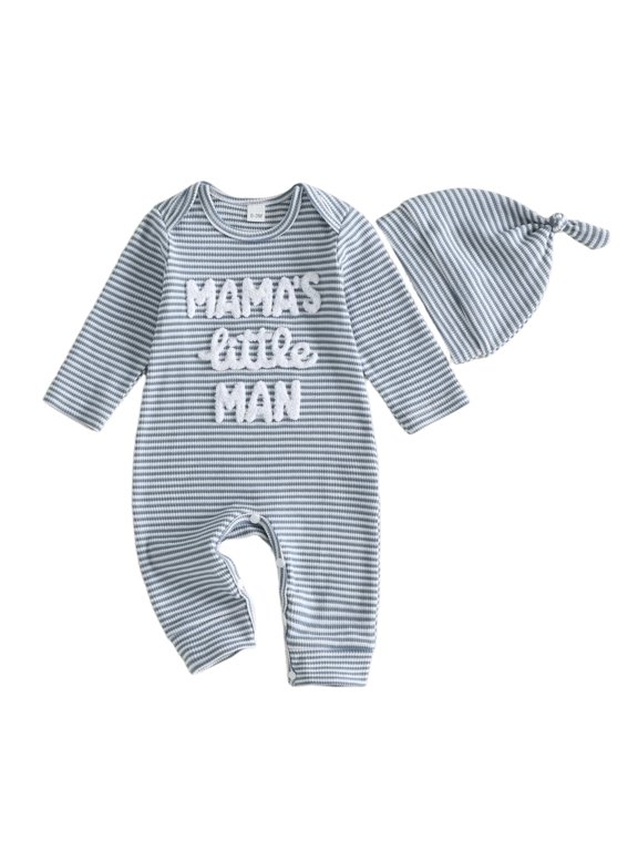 Dad's Little Dude Baby Boy Fall Winter Outfit Romper Newborn Baby Boy Hospital Coming Home Outfit Waffled Striped Letter Long Sleeve Jumpsuit Hat Set
