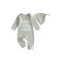 thumbnail image 1 of RUINIXCW Dad's Little Dude Baby Boy Fall Winter Outfit Romper Newborn Baby Boy Hospital Coming Home Outfit Waffled Striped Letter Long Sleeve Jumpsuit Hat Set, 1 of 9