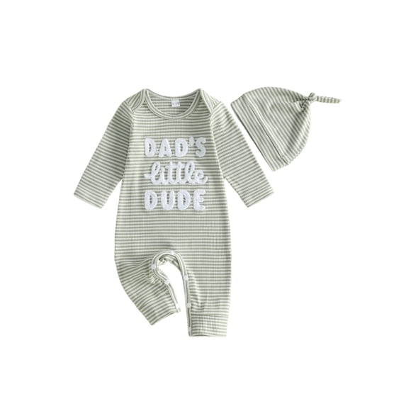 RUINIXCW Dad's Little Dude Baby Boy Fall Winter Outfit Romper Newborn Baby Boy Hospital Coming Home Outfit Waffled Striped Letter Long Sleeve Jumpsuit Hat Set