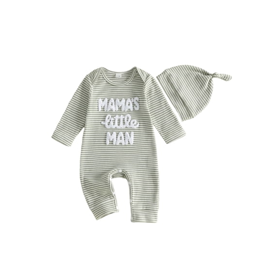 RUINIXCW Dad's Little Dude Baby Boy Fall Winter Outfit Romper Newborn Baby Boy Hospital Coming Home Outfit Waffled Striped Letter Long Sleeve Jumpsuit Hat Set