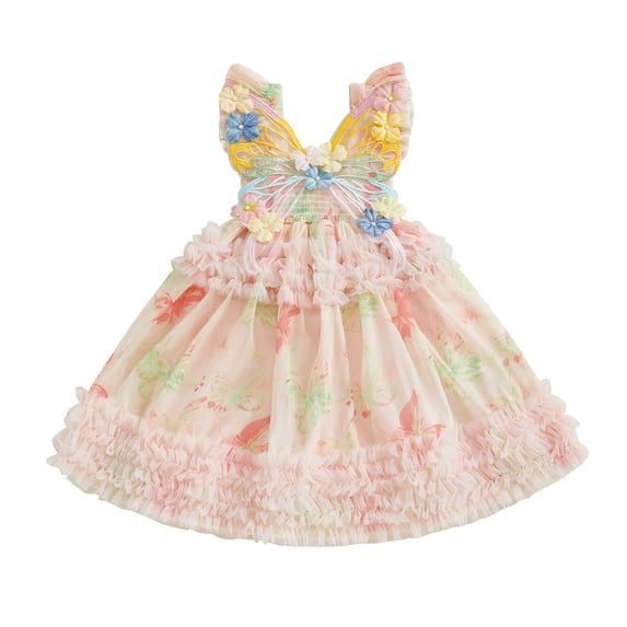 RUINIXCW Fairy Toddler Baby Girl Butterfly Dress Little Baby Girl Summer Smocked Dress Fly Sleeve Frills Casual Princess Birthday Baptism Wedding Party Dress