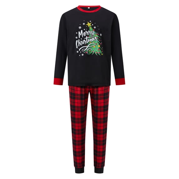 RUINIXCW Family Christmas Pajamas Matching Set Christmas Tree Letters Print Long Sleeve Crew Neck Tops and Plaid Pants Loungewear
