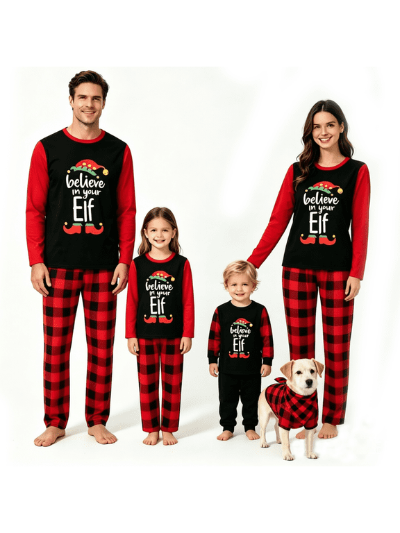 Family Christmas Pajamas Matching Set Xmas Outfit Holiday Jammies Elf Letters Long Sleeve Tops Plaid Pants Sleepwear Adult Kids Toddler Baby