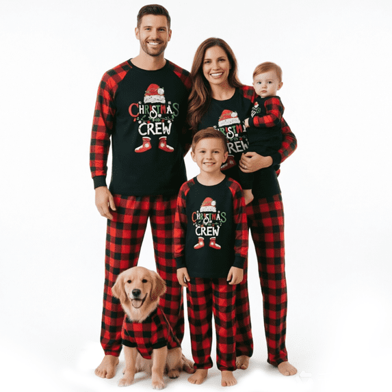 RUINIXCW Family Christmas Pajamas Matching Set Xmas Outfit Holiday Jammies Letters Long Sleeve Tops Plaid Pants Sleepwear for Adult Kids Toddler Baby