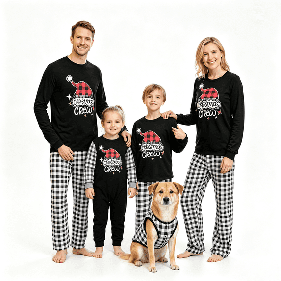 RUINIXCW Family Christmas Pajamas Matching Sets Xmas PJS Holiday Jammies for Family Santa Hat Printed Long Sleeve Tops and Plaid Pants Family Christmas Outfits Sleepwear