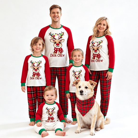 RUINIXCW Family Christmas Pajamas Matching Sets Xmas PJS Holiday Jammies for Whole Family Reindeer Long Sleeve Tops and Plaid Pants Family Christmas Outfits Sleepwear