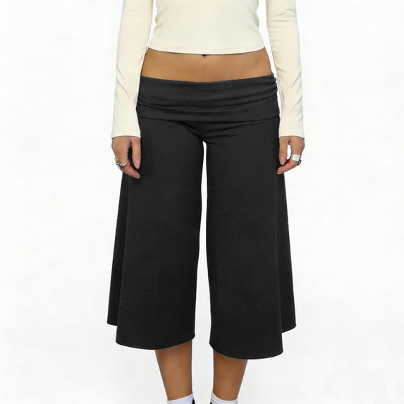 RUINIXCW Fold Over Capri Pants for Women Flowy Wide Leg Capri Pants Low Rise Yoga Culottes Pants Foldover Leggings Summer Beach Crop Palazzo Pants