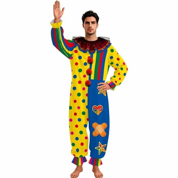 RUINIXCW Funny Halloween Clown Costume for Adult Mesh Collar Dot Stripe Print Long Sleeve Jumpsuit with Pom-pom