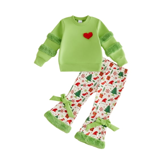 RUINIXCW Girl Christmas Outfits Heart Fuzzy Trim Sweatshirt and Printed Flare Pants