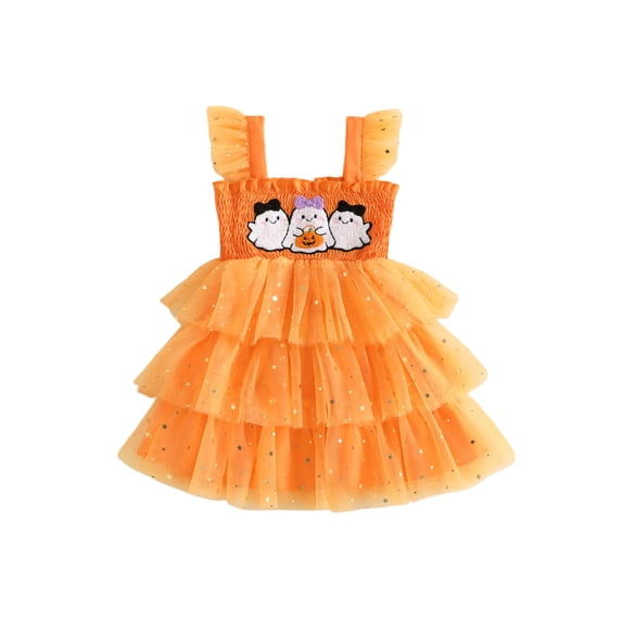 RUINIXCW Girl Halloween Dress Ghost Embroidery Square Neck Fly Sleeve Tulle Dress