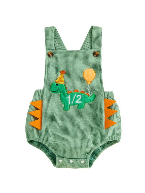 Half Way to One Baby Boy Half Birthday Outfit 1/2 Birthday Summer Clothes Bubble Romper Overalls Dinosaur Embroidery Sleeveless Waffled Bodysuit Playsuit