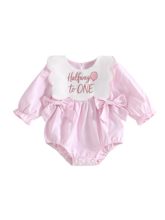 Half Way to One Baby Girl First Half Birthday Outfit 1/2 Birthday Outfit Spring Fall Winter Clothes Bubble Romper Long Sleeve Striped Jumpsuit