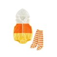 thumbnail image 1 of RUINIXCW Halloween Candy Corn Cosplsy Costume for Infant Girl Boy Fleece Hooded Sleeveless Zipper Bubble Romper and Striped Stockings Set, 1 of 9
