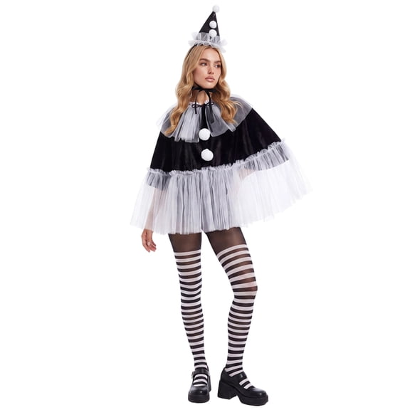 RUINIXCW Halloween Pierrot Clown Costume for Women Jester Clown Costume Mesh Cloak Collar Black White Striped Pantyhose Hat Cosplay Dress Up 4Pcs Set