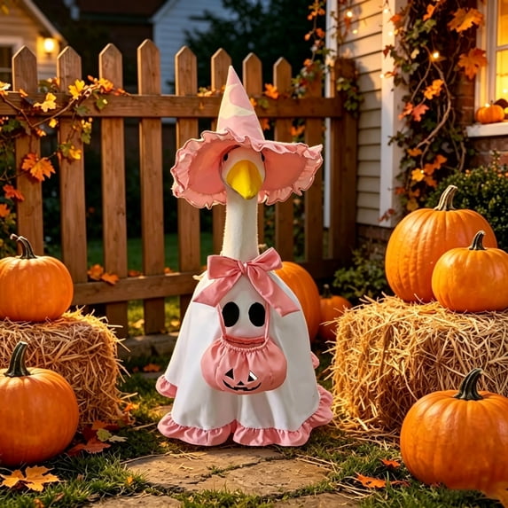 RUINIXCW Halloween Porch Goose Outfits for 23 inch Cement Plastic Goose Statue Accessories Holiday Porch Goose Clothes Ghost Dress Witch Hat Pumpkin Basket Set Yard Patio Lawn Art Decor (No Goose)