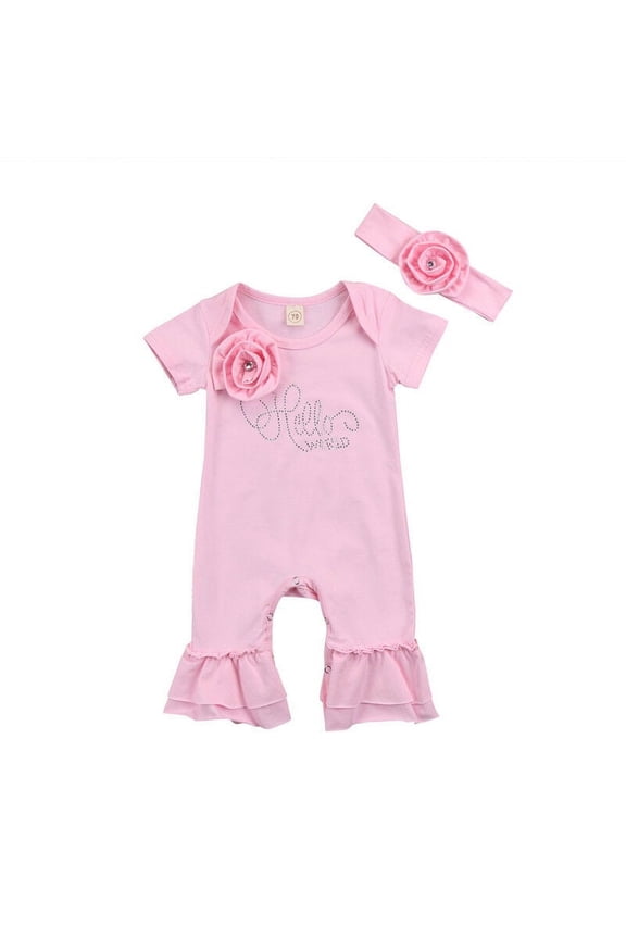 Hello World Newborn Baby Girl Hospital Going Home Outfit Infant Baby Girl Spring Summer Fall Clothes Pink Romper Short Sleeve 3D Flower Rhinestone Jumpsuit Headband