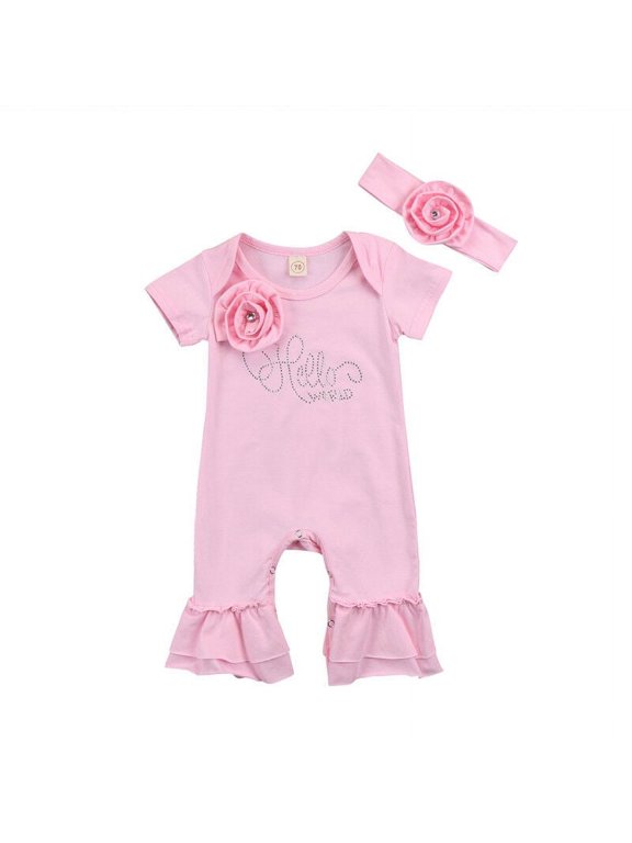 Hello World Newborn Baby Girl Hospital Going Home Outfit Infant Baby Girl Spring Summer Fall Clothes Pink Romper Short Sleeve 3D Flower Rhinestone Jumpsuit Headband