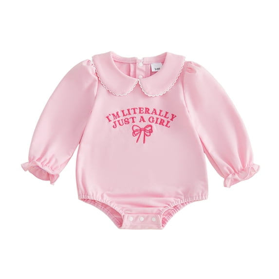 RUINIXCW Im Literally Just A Girl Shirt Newborn Baby Girl Hospital Going Home Outfit Baby Girls Spring Fall Winter Clothes Bubble Romper Letter Bowknot Long Sleeve Peter Pan Collar Bodysuit