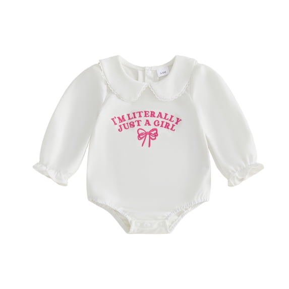 RUINIXCW Im Literally Just A Girl Shirt Newborn Baby Girl Hospital Going Home Outfit Baby Girls Spring Fall Winter Clothes Bubble Romper Letter Bowknot Long Sleeve Peter Pan Collar Bodysuit