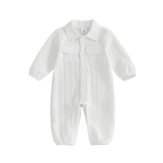 RUINIXCW Infant Baby Boy Spring Fall Clothes 1 3 6 9 12 18 Months Textured Romper One Piece Outfit Long Sleeve Button Down Collar Jumpsuit with Chest Pockets