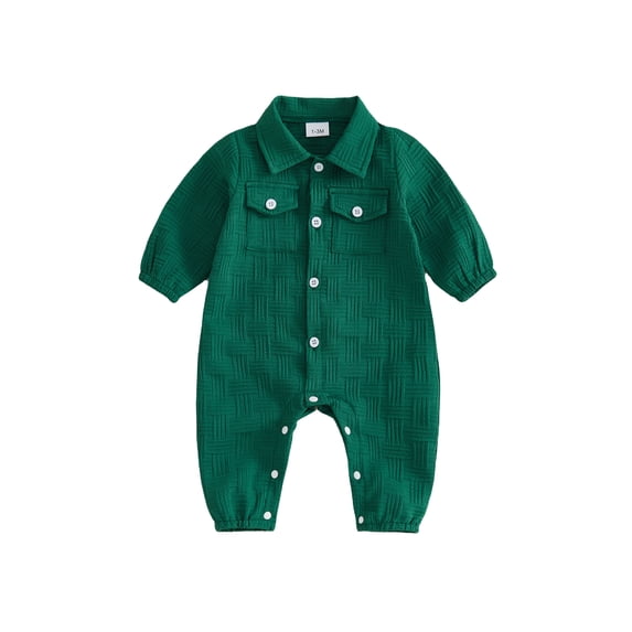 RUINIXCW Infant Baby Boy Spring Fall Clothes 1 3 6 9 12 18 Months Textured Romper One Piece Outfit Long Sleeve Button Down Collar Jumpsuit with Chest Pockets