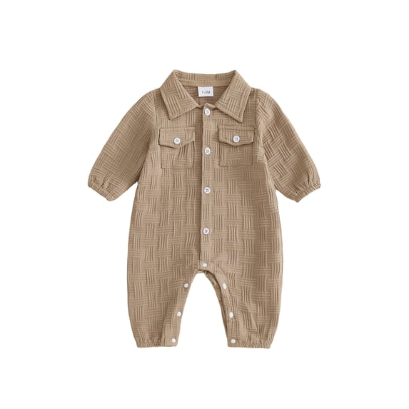 RUINIXCW Infant Baby Boy Spring Fall Clothes 1 3 6 9 12 18 Months Textured Romper One Piece Outfit Long Sleeve Button Down Collar Jumpsuit with Chest Pockets