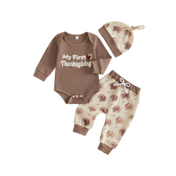 RUINIXCW Infant Baby Boy Thanksgiving Outfit Fashion Long Sleeve Letters Embroidered Romper with Print Pants, Hat 3Pcs Fall Set