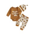 thumbnail image 1 of RUINIXCW Infant Baby Boy Thanksgiving Outfit Fashion Long Sleeve Letters Embroidered Romper with Print Pants, Hat 3Pcs Fall Set, 1 of 9