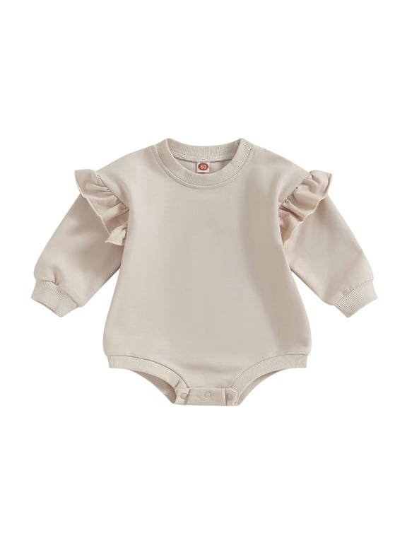 Infant Baby Girl Bubble Romper Newborn Baby Girl Sweater Romper Solid Crewneck Sweatshirt Ruffled Long Sleeve Bodysuit Spring Fall Winter Clothes