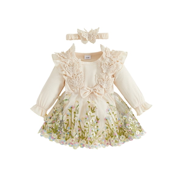 RUINIXCW Infant Baby Girl Butterfly Tulle Romper Dress Baby Girls Spring Fall Fairy Tutu Dress Princess Birthday Party Dress Flower Embroidery Long Sleeve Patchwork Dress with Headband