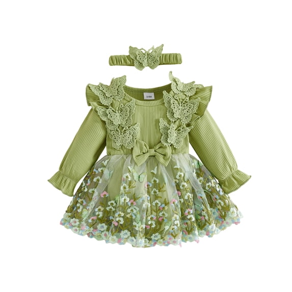 RUINIXCW Infant Baby Girl Butterfly Tulle Romper Dress Baby Girls Spring Fall Fairy Tutu Dress Princess Birthday Party Dress Flower Embroidery Long Sleeve Patchwork Dress with Headband