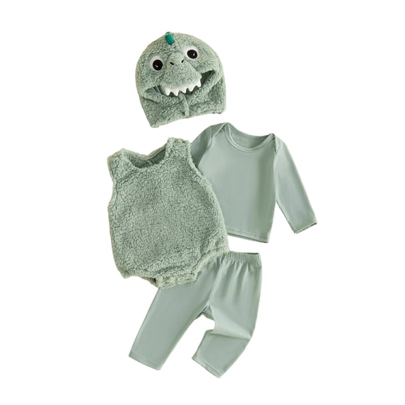 RUINIXCW Infant Baby Halloween Dinosaur Costume Baby Boys Girls Warm Fall Winter Outfit Long Sleeve T-shirt Furry Romper with Tail Pants Hat 4Pcs Set