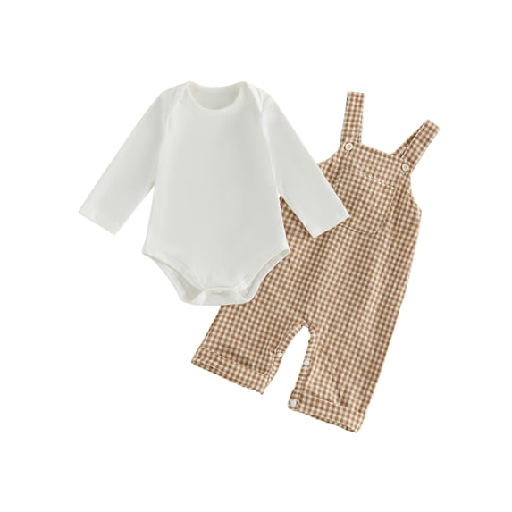 RUINIXCW Infant Girl Boy Outfit Long Sleeve Crew Neck Solid Color Romper Plaid Print Overall Pants and Hat Set