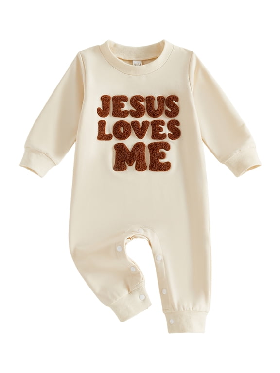 Jesus Loves Me Newborn Baby Boy Girl Spring Fall Winter Outfit Romper Infant Christian Clothes Letter Embroidery Long Sleeve Jumpsuit