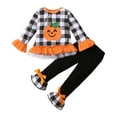 thumbnail image 1 of RUINIXCW Kid Toddler Baby Girl Halloween Outfit Little Girl Fall Winter Clothes Pumpkin Embroidery Tulle Ruffle Plaid Long Sleeve Top Flare Pants Set, 1 of 8